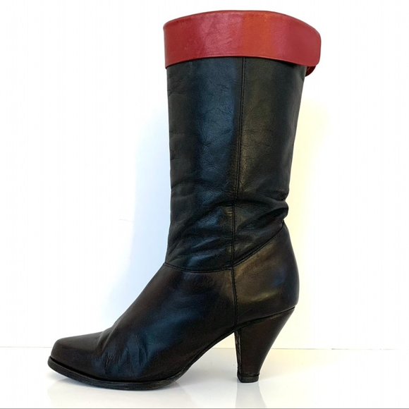 Vintage Custom-made black leather w/red cuffs below the knee high heeled boots - Picture 9 of 9